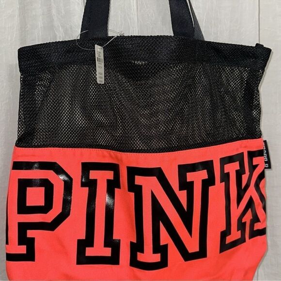 PINK Black Neon Coral Pink Canvas Mesh Tote Bag - Picture 3 of 8
